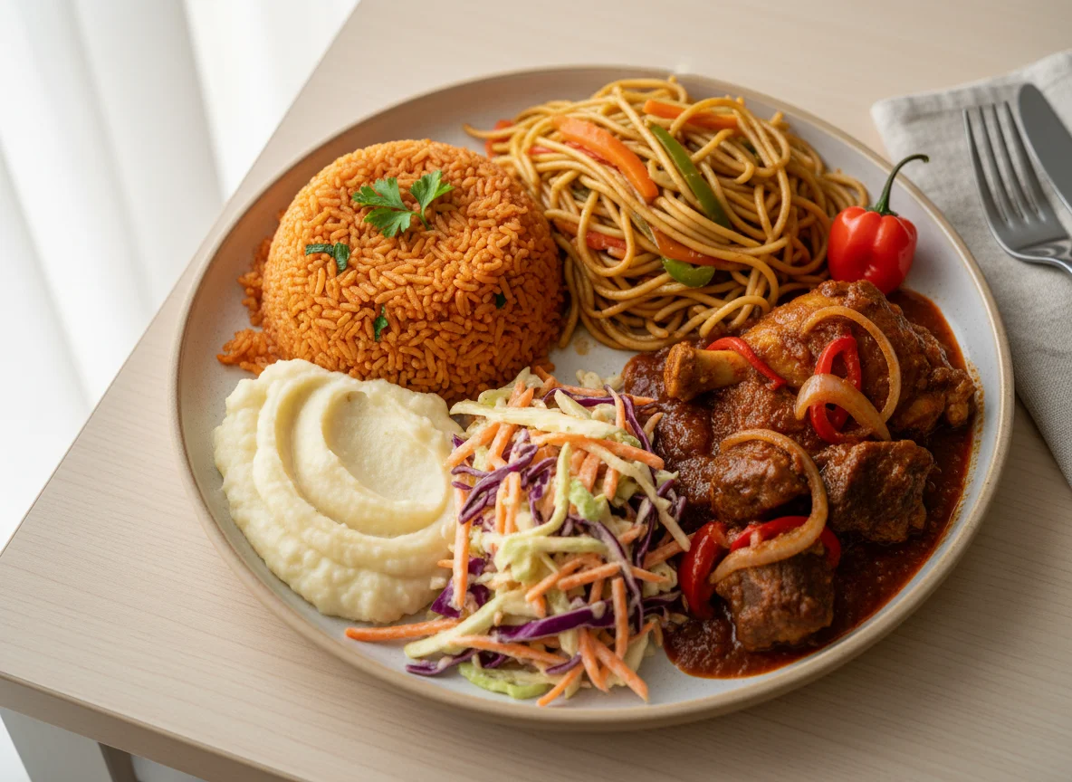 Mixed Plate with Jollof Rice, Noodles, Coleslaw, Mashed Yam, and Stew photo