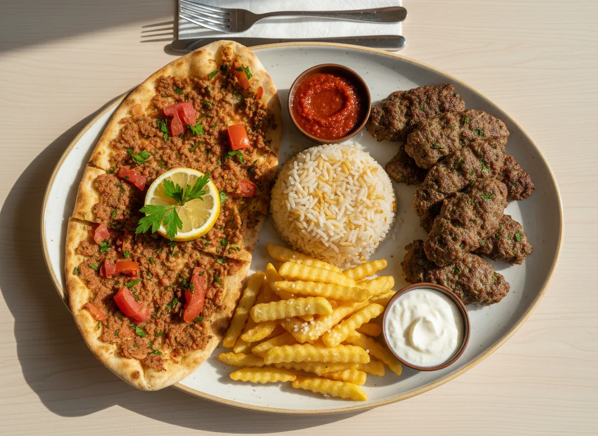 Mixed Plate with Lahmacun, Meatballs, Rice, and Fries photo