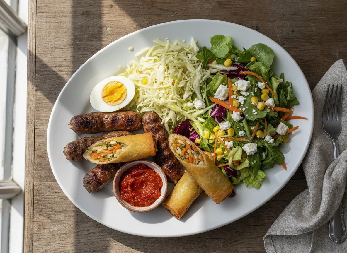 Mixed Plate with Meat, Eggs, Spring Rolls, and Salad photo