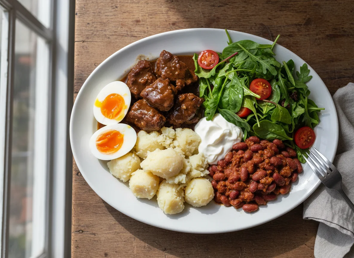 Mixed Plate with Meat, Eggs, Vegetables, and Beans photo