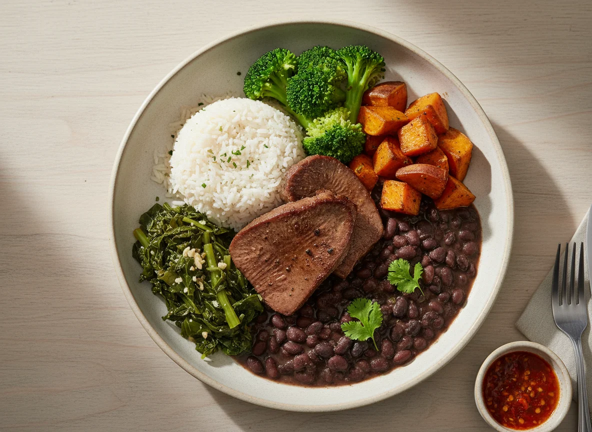 Mixed Plate with Meat, Rice, Beans, and Vegetables photo