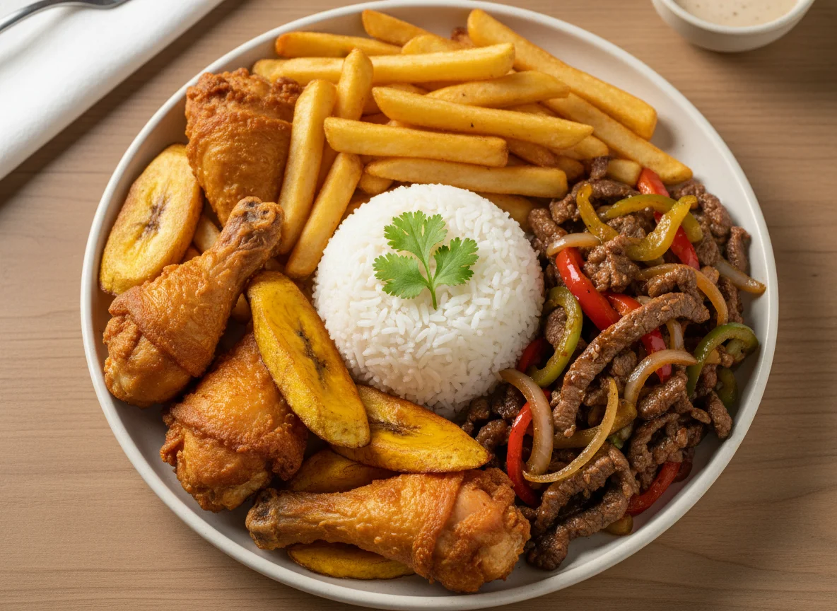 Mixed Plate with Meat, Vegetables, Plantains, Fries, and Chicken photo