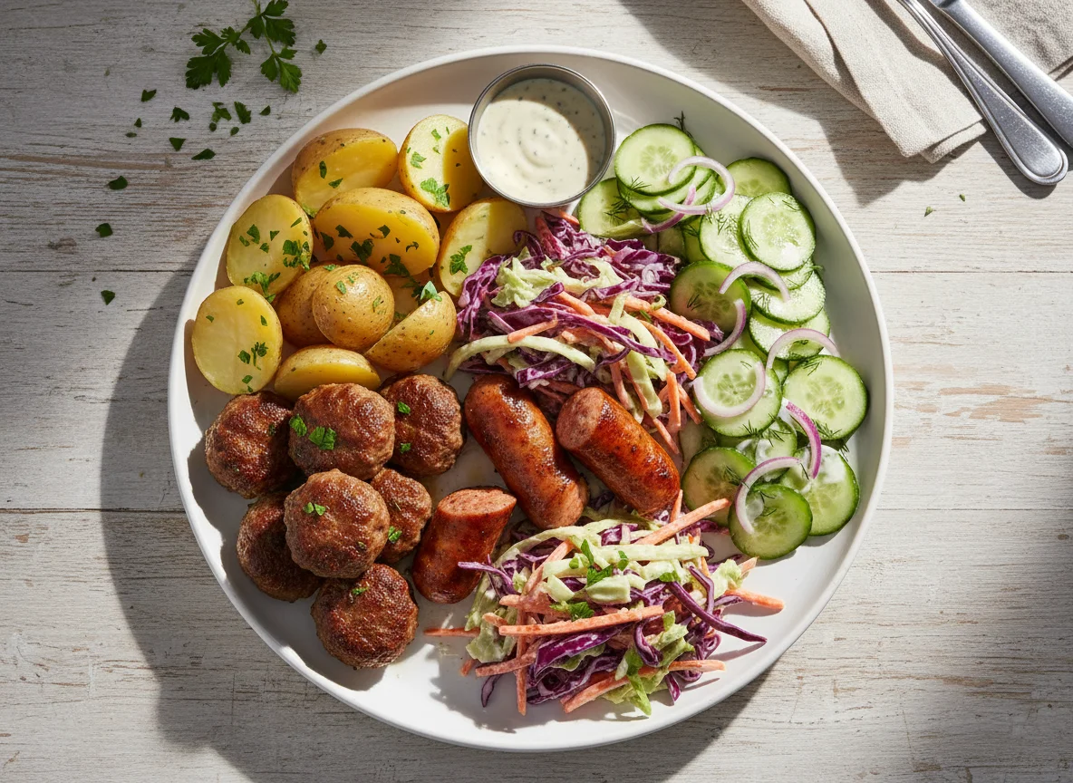Mixed plate with meatballs, potatoes, chicken sausage and coleslaw photo