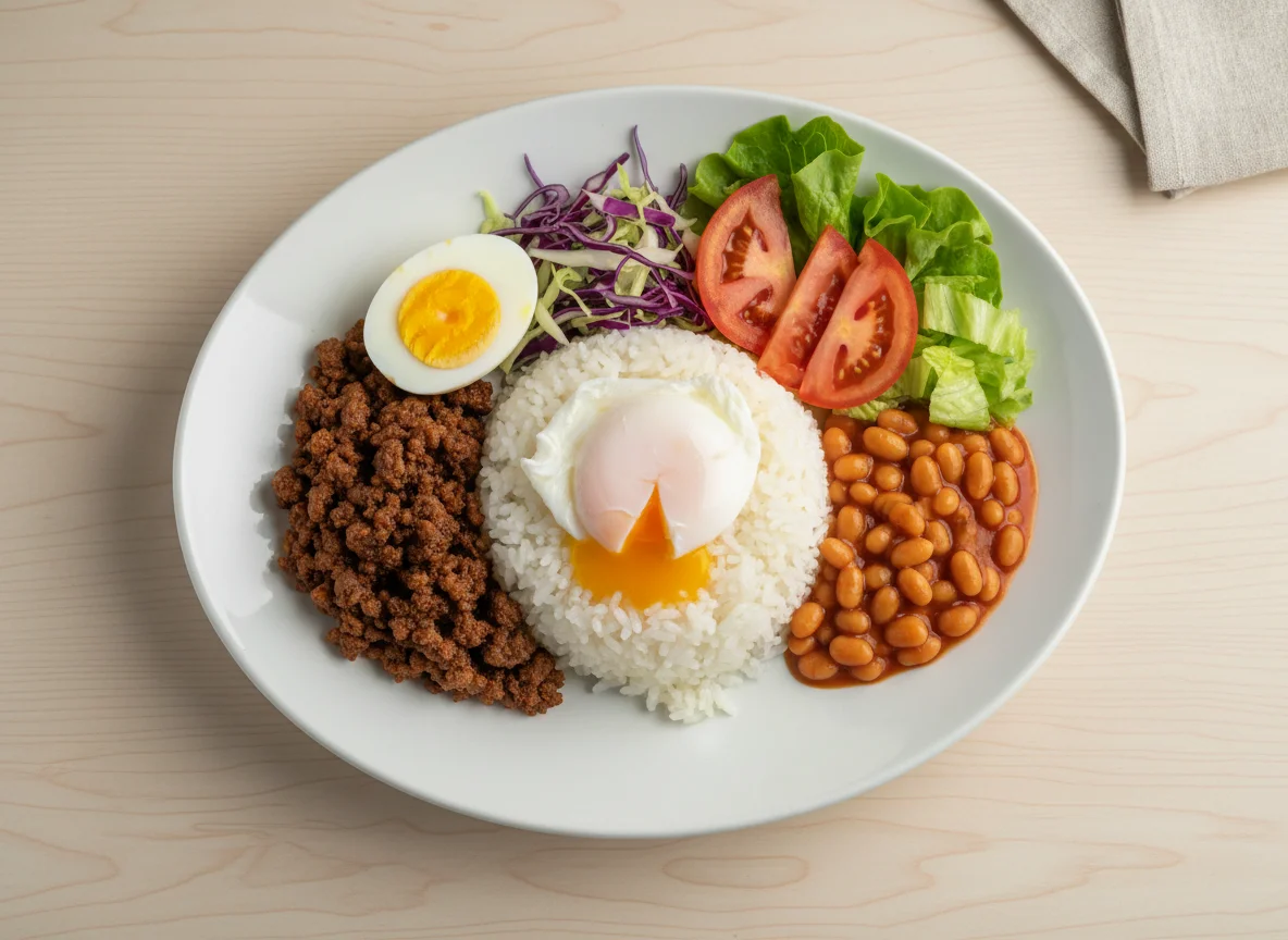 Mixed Plate with Minced Meat, Rice, and Eggs photo
