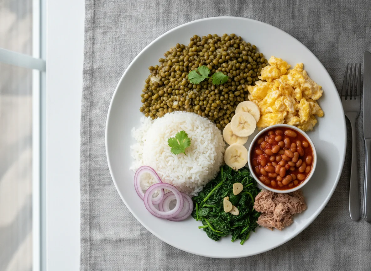 Mixed Plate with Mung Beans, Rice, Eggs, and Banana photo