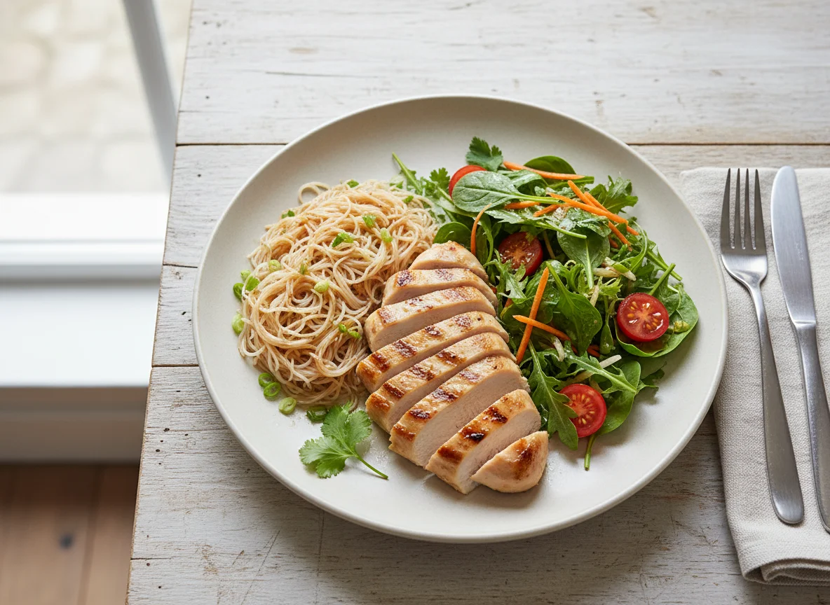Mixed Plate with Noodles, Chicken, and Salad photo