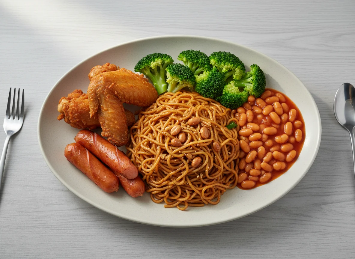 Mixed Plate with Noodles, Chicken, Beans, and Broccoli photo
