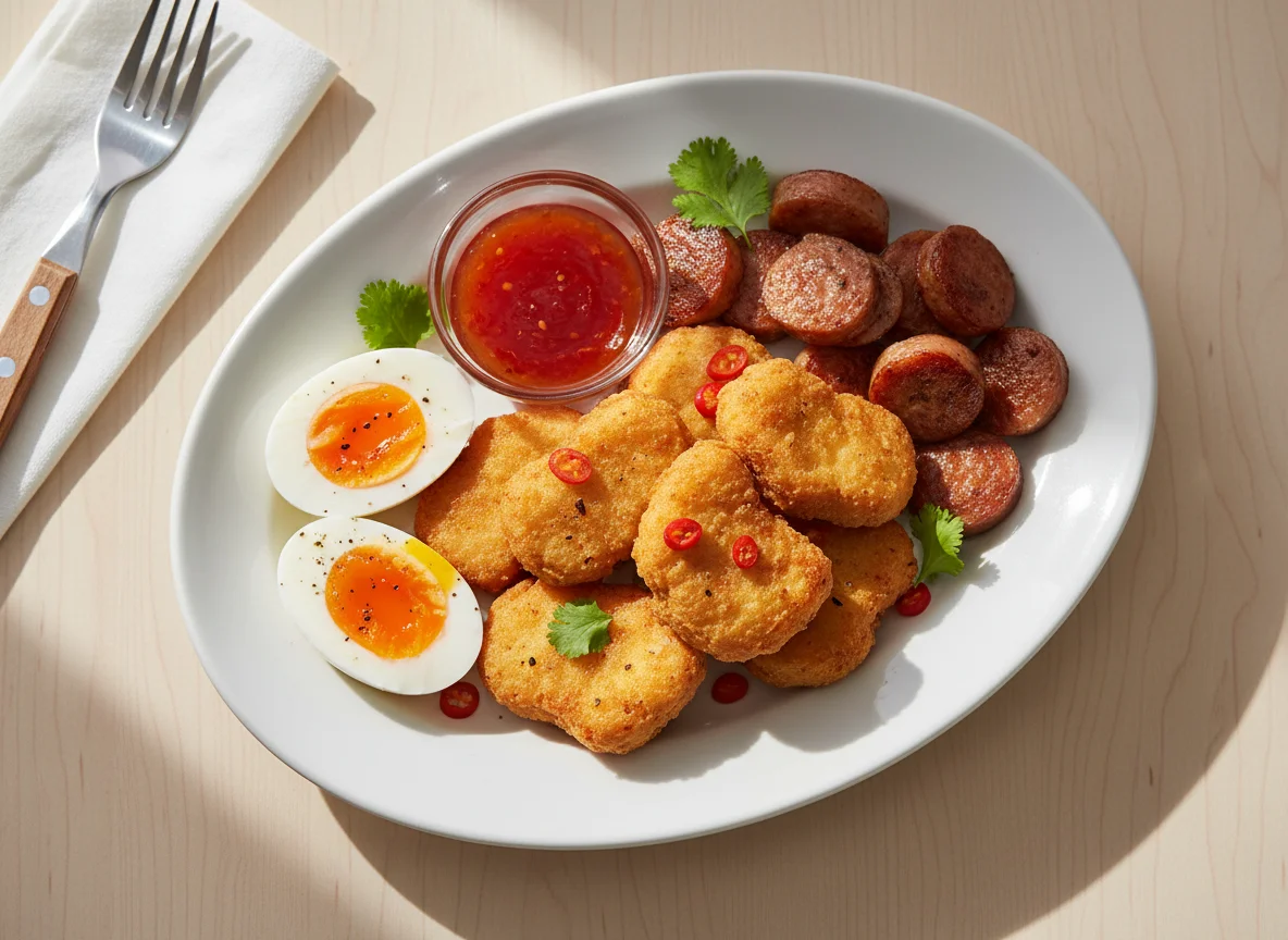 Mixed Plate with Nuggets, Eggs, and Sausage photo