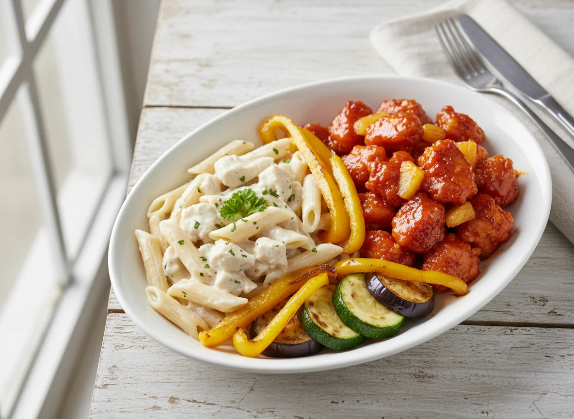 Mixed Plate with Pasta and Sweet and Sour Chicken photo