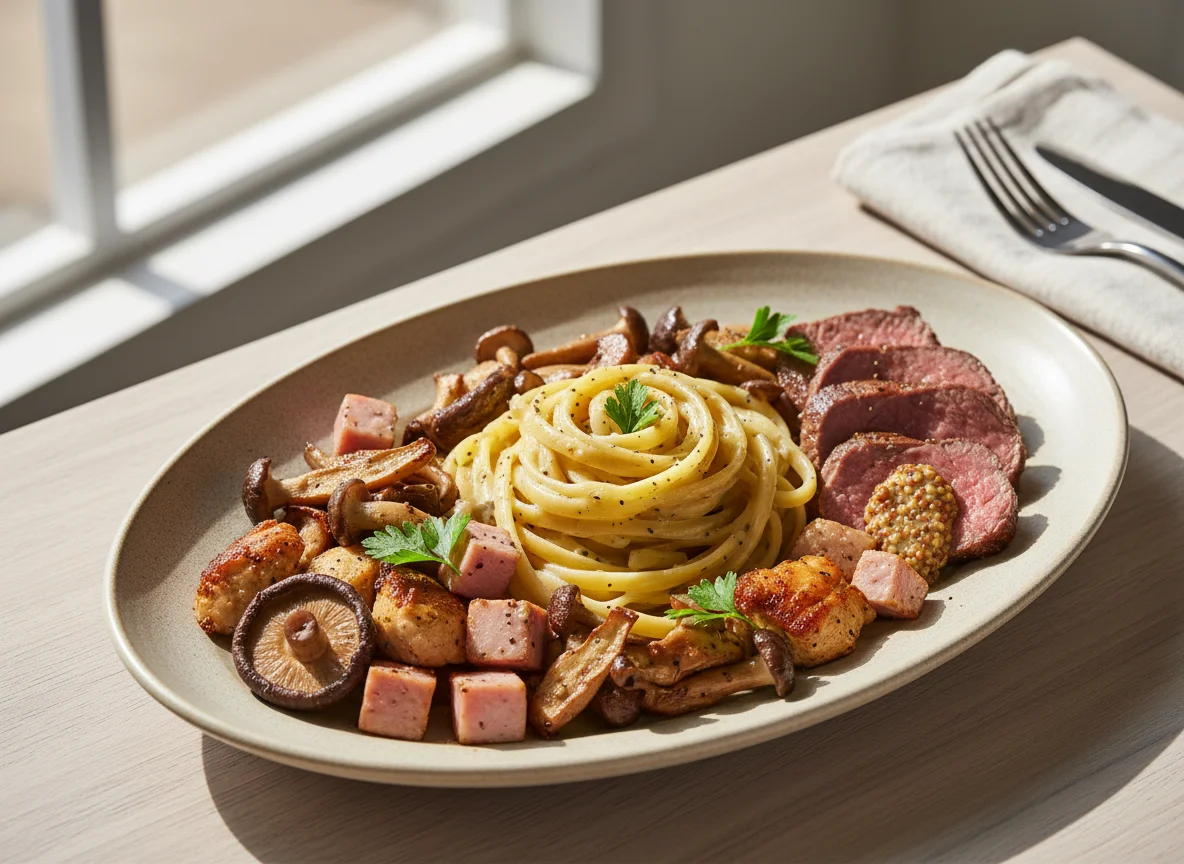 Mixed Plate with Pasta, Meat, and Mushrooms photo