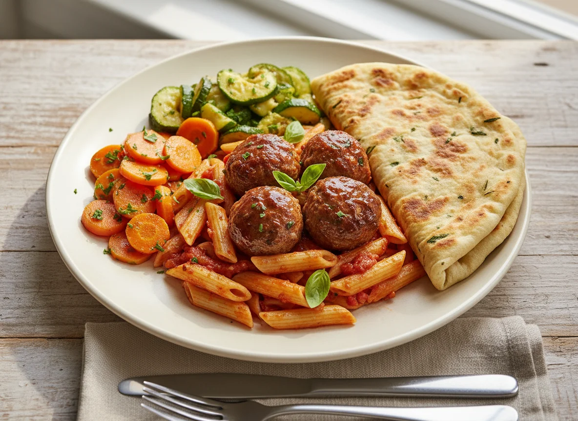 Mixed Plate with Pasta, Meatballs, Vegetables, and Flatbread photo