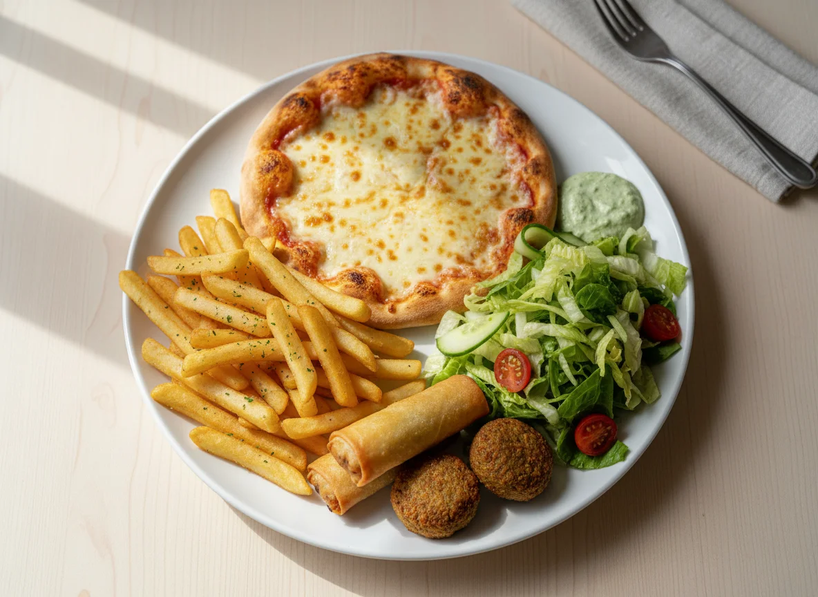 Mixed Plate with Pizza, Fries, and Salad photo