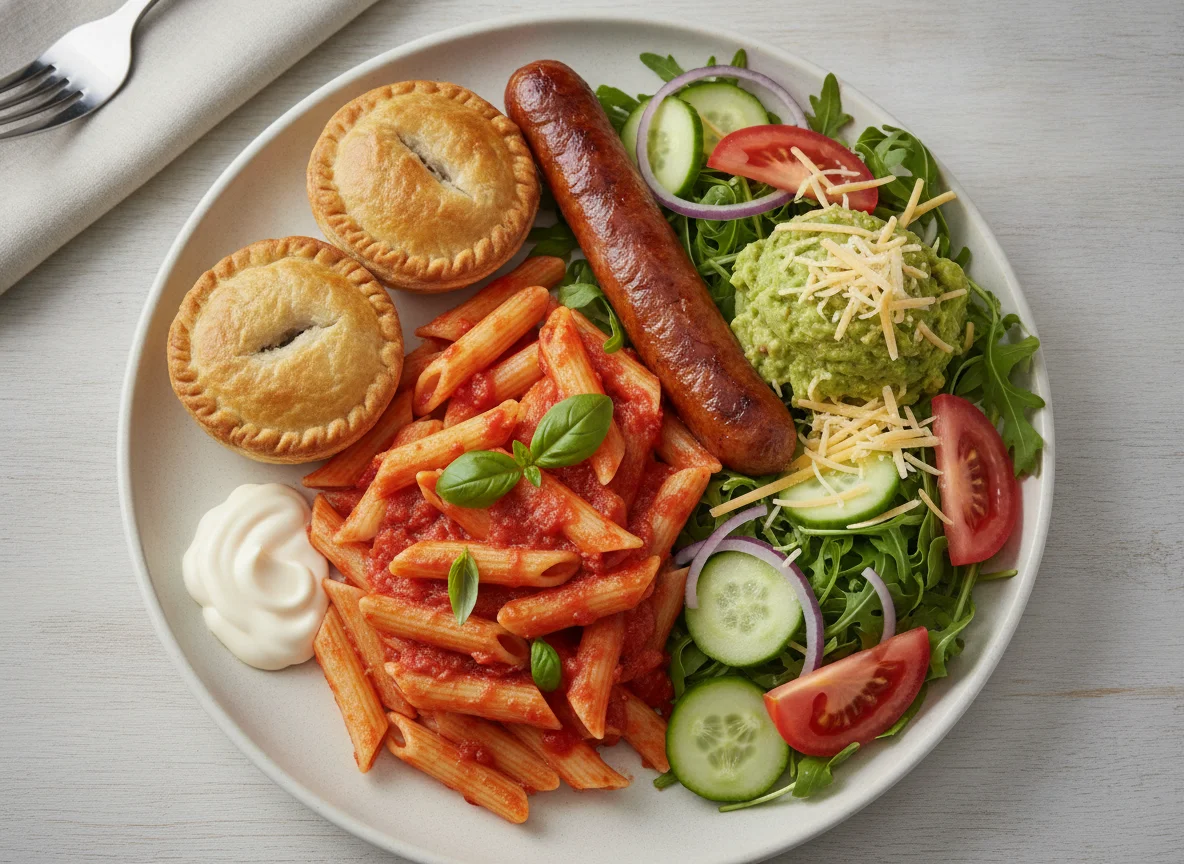 Mixed plate with pork pie, pasta, and salad photo