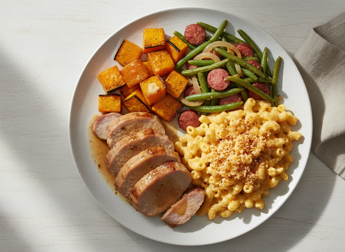Mixed Plate with Pork, Squash, Green Beans and Sausage photo