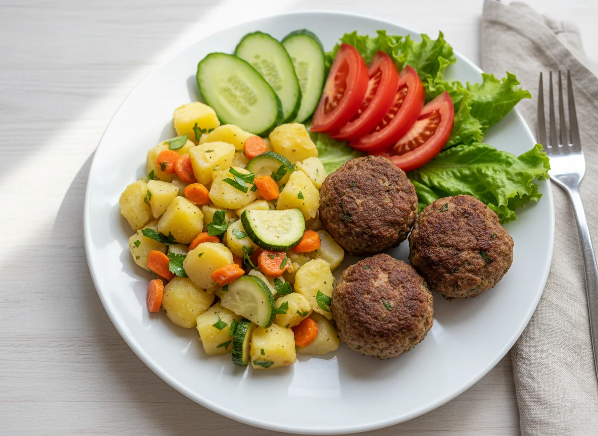 Mixed plate with potato salad and meatballs photo