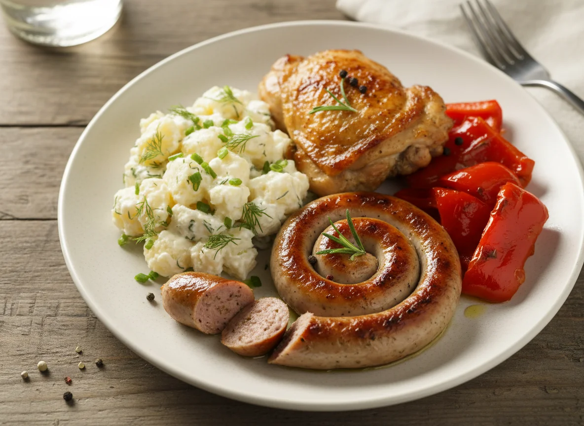 Mixed Plate with Potato Salad, Chicken, Sausage, and Peppers photo