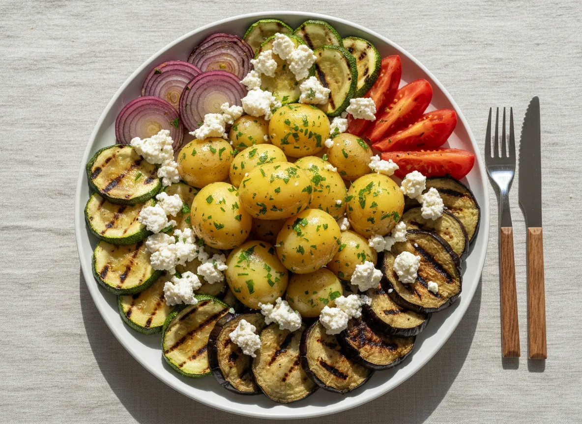 Mixed Plate with Potatoes, Grilled Vegetables, and Cheese photo