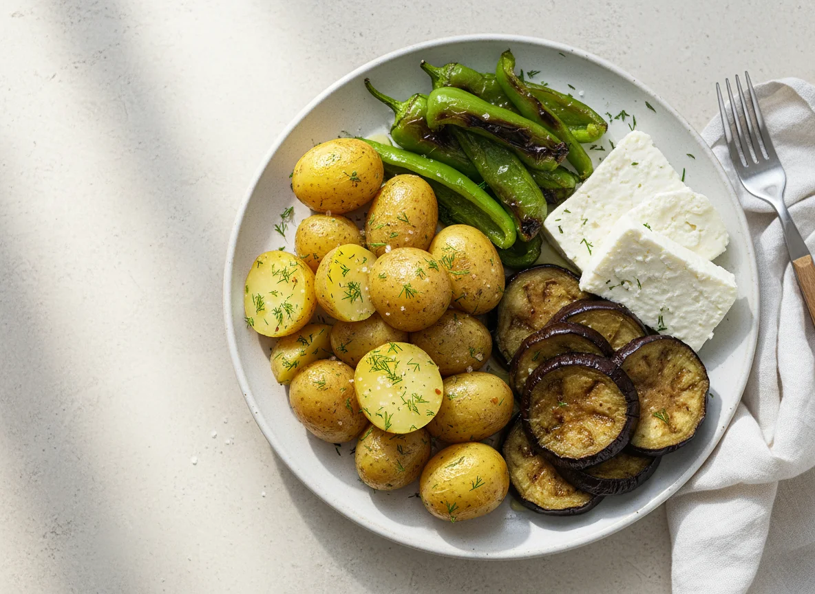 Mixed Plate with Potatoes, Peppers, Eggplant, and Cheese photo