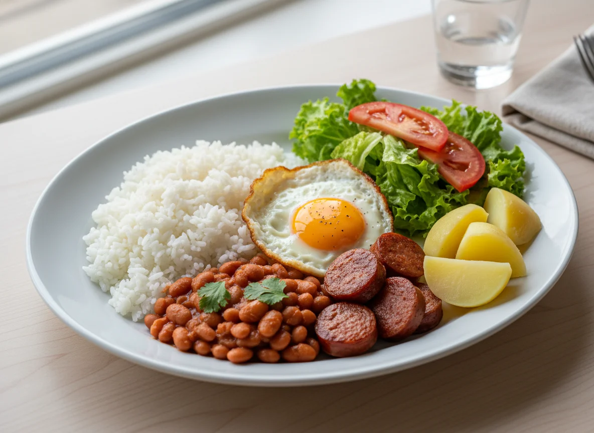 Mixed Plate with Rice, Beans, Sausage, Egg, and Salad photo