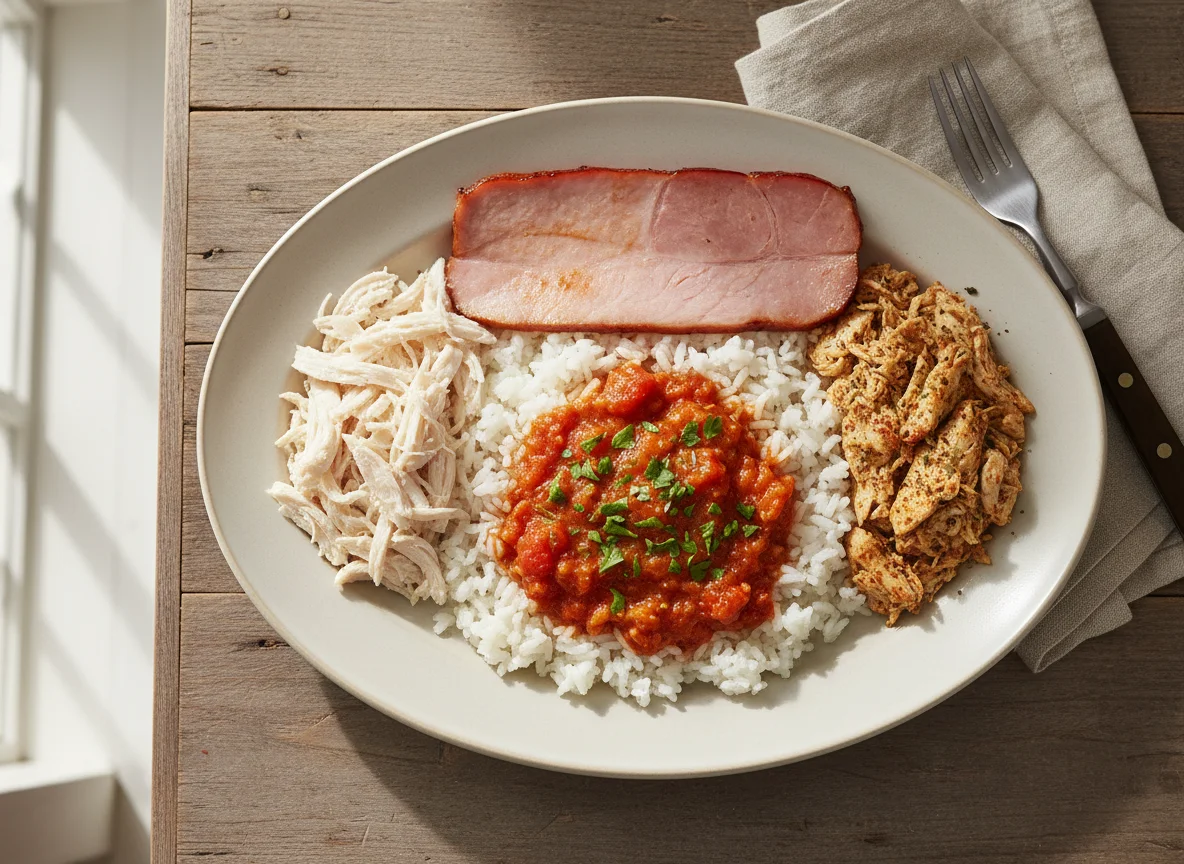 Mixed Plate with Rice, Chicken, and Ham photo