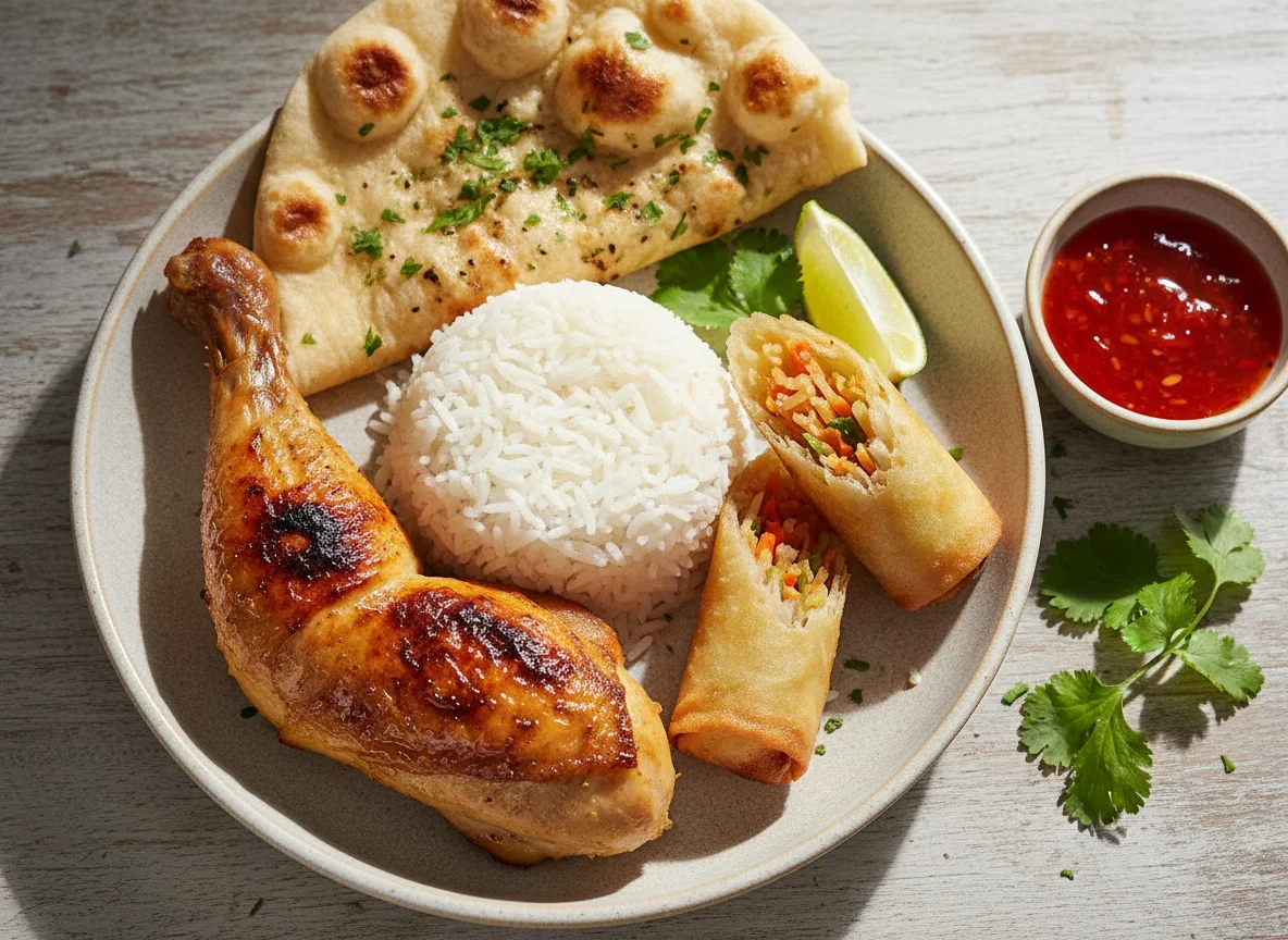 Mixed Plate with Rice, Chicken, and Spring Rolls photo