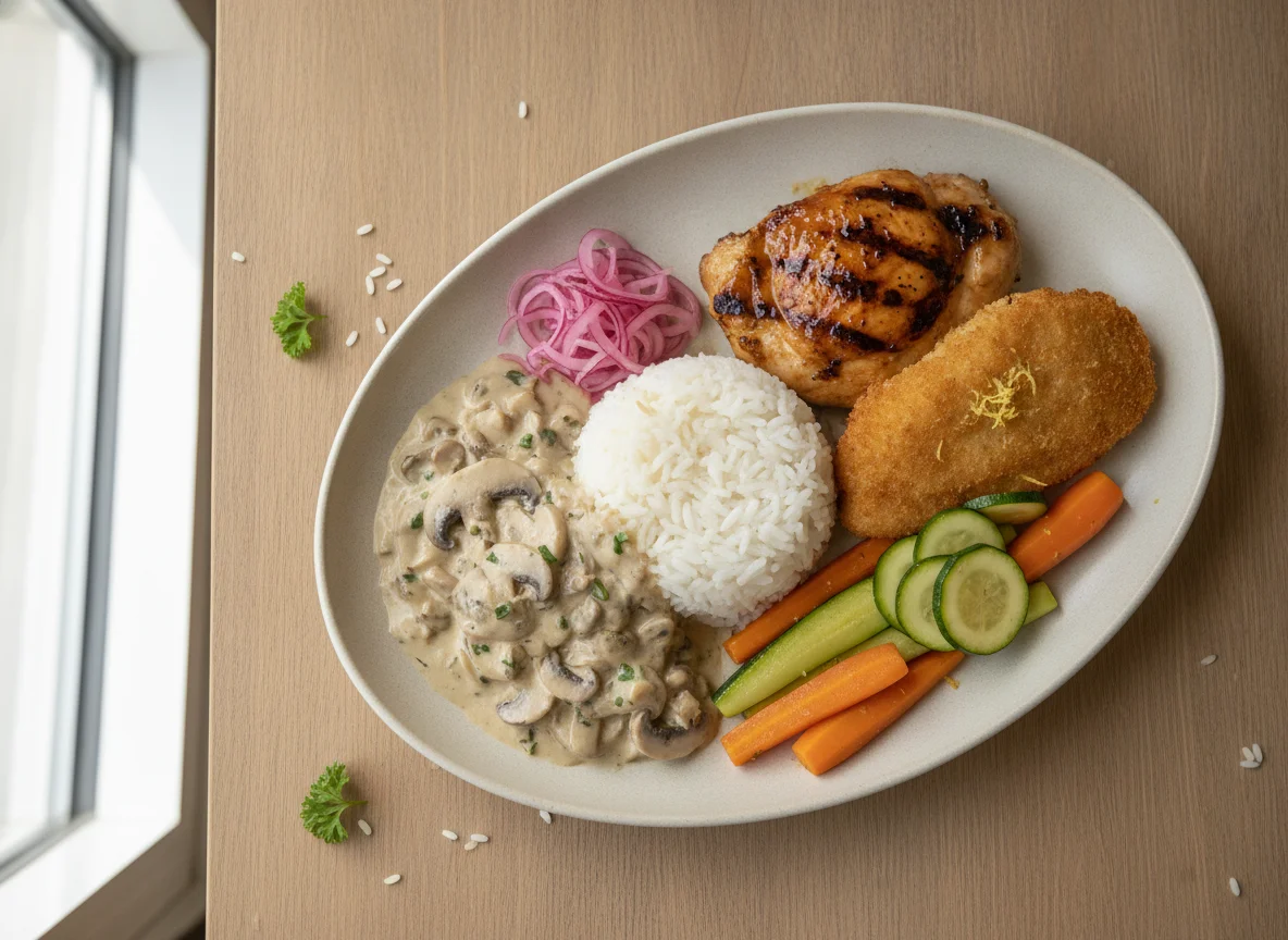 Mixed Plate with Rice, Chicken, and Vegetables photo