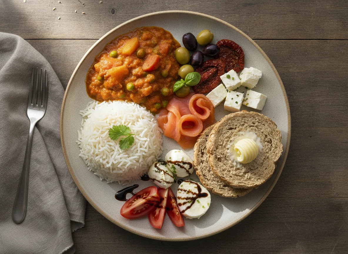 Mixed Plate with Rice, Curry, Bread, and Antipasti photo