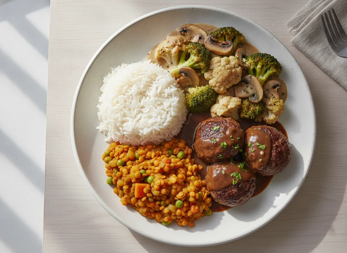 Mixed plate with rice, meatballs, curry, and vegetables photo