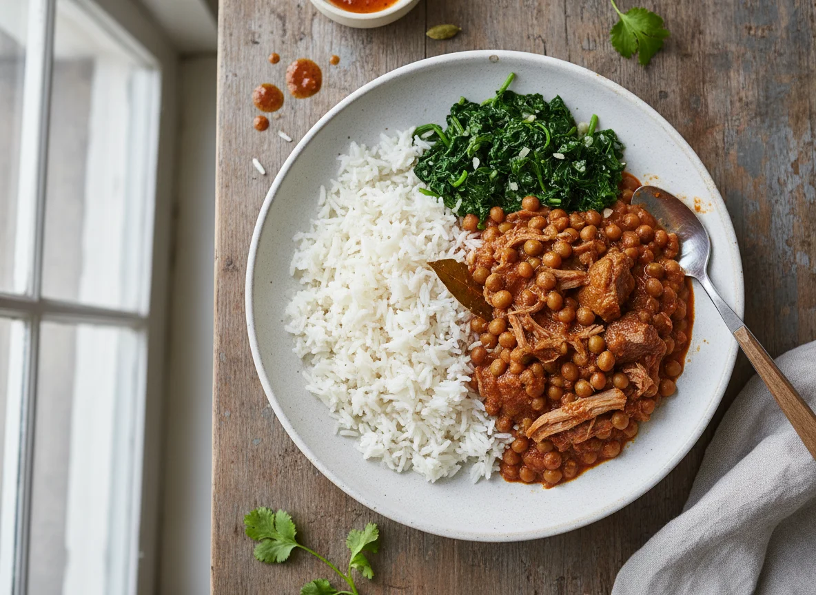Mixed Plate with Rice, Peas Stew, and Greens photo
