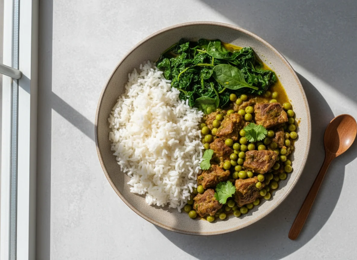 Mixed Plate with Rice, Peas Stew, and Leafy Greens photo