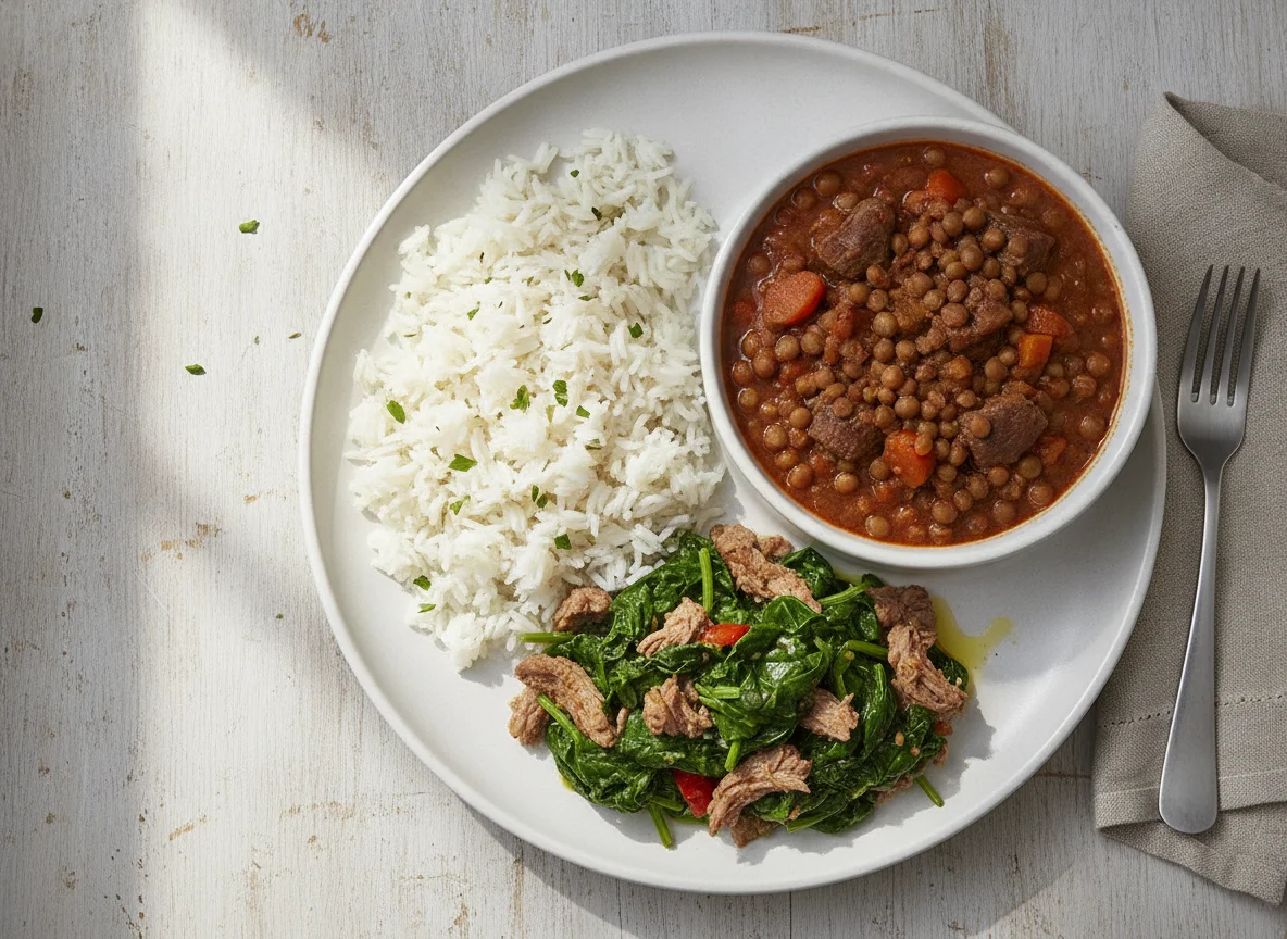 Mixed Plate with Rice, Peas Stew, and Spinach photo