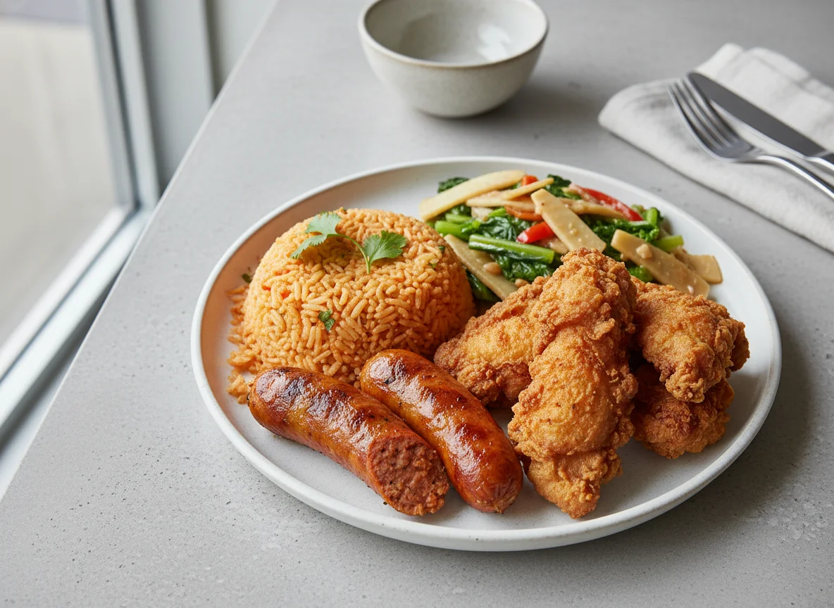 Mixed Plate with Rice, Sausage, Fried Meat, and Vegetables photo
