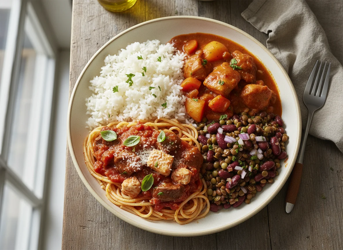 Mixed Plate with Rice, Spaghetti, Stew, and Beans photo