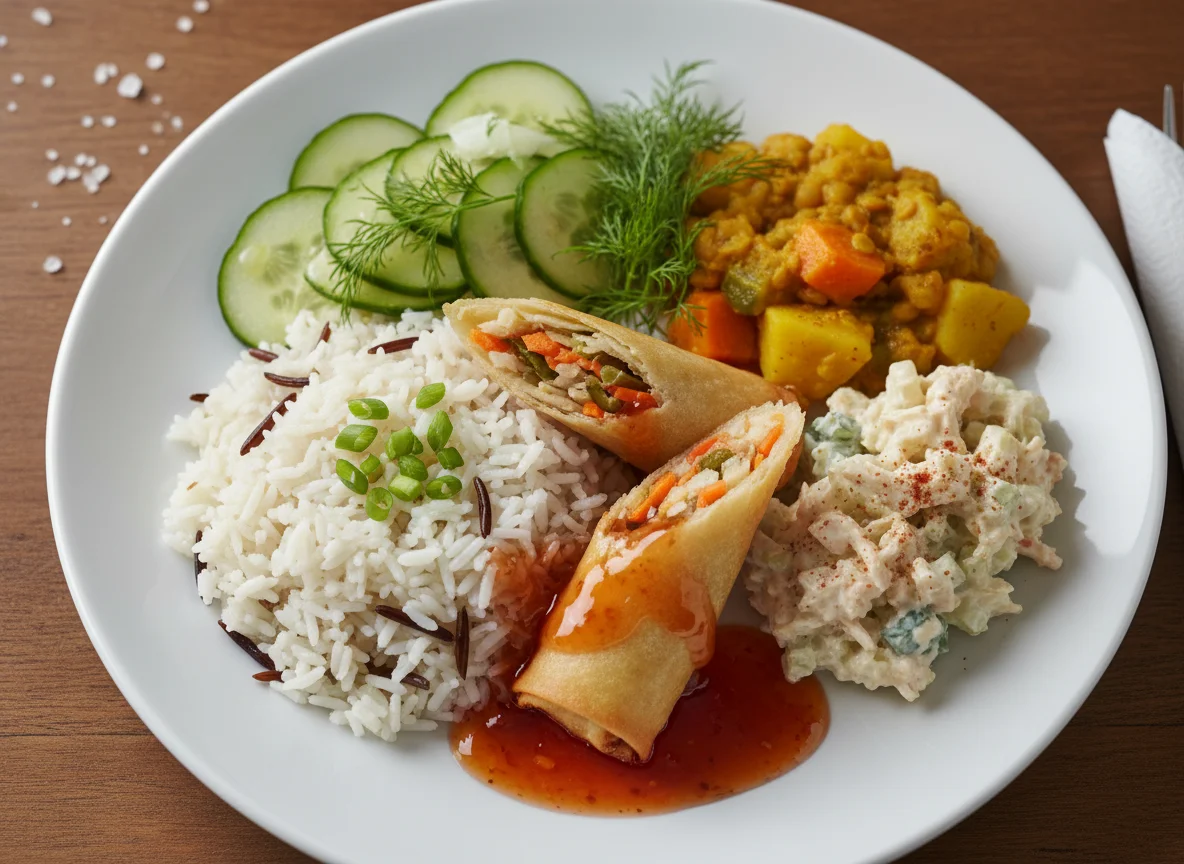 Mixed Plate with Rice, Spring Rolls, and Salads photo