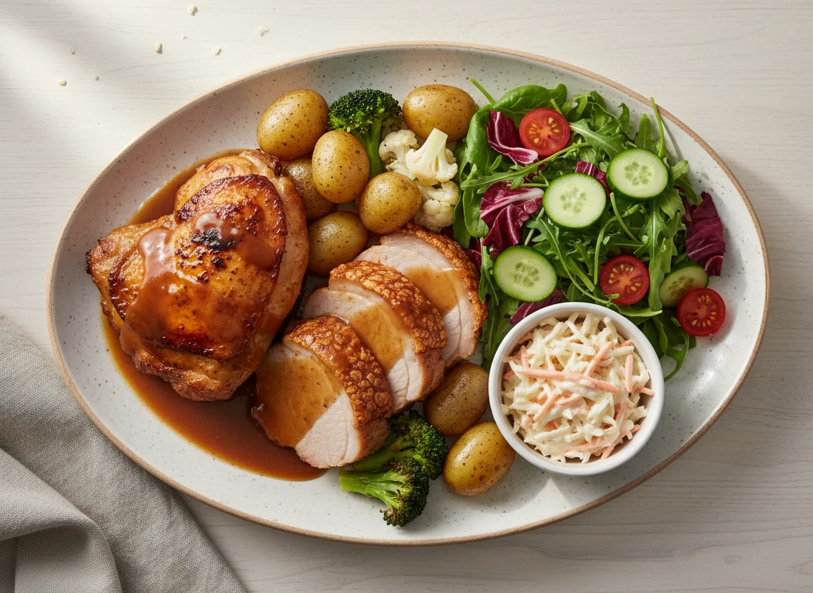 Mixed Plate with Roasted Chicken, Pork, Potatoes, and Salad photo