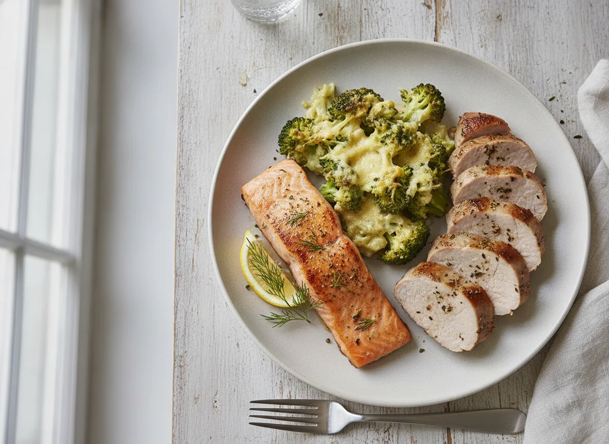Mixed Plate with Salmon, Broccoli Gratin, and Pork photo
