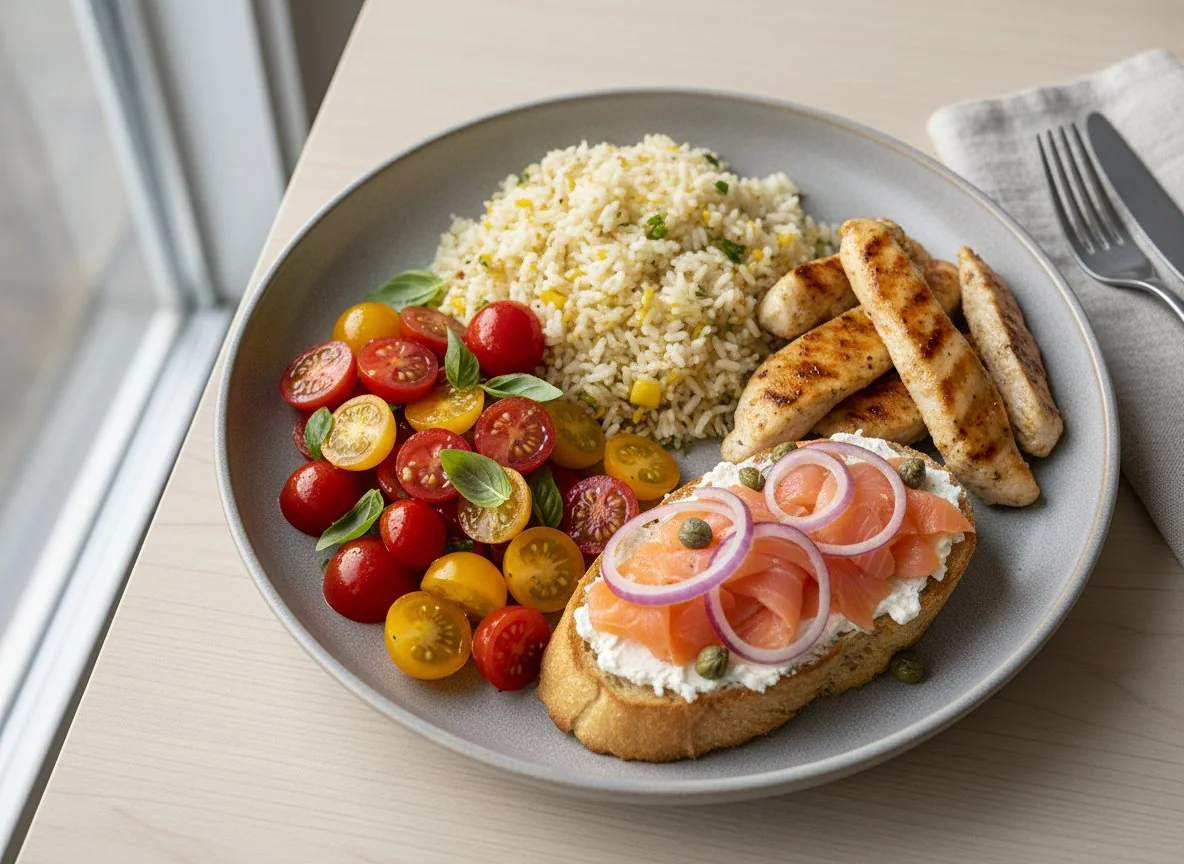Mixed Plate with Salmon Toast, Rice, Chicken, and Tomatoes photo