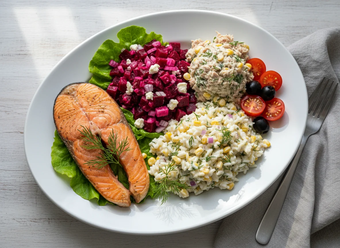 Mixed Plate with Salmon, Tuna Salad, and Rice Salad photo
