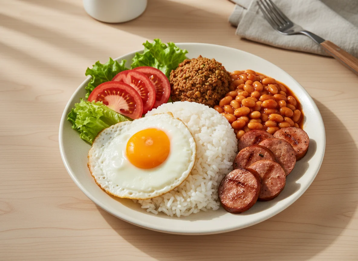 Mixed Plate with Sausage, Egg, Rice and Beans photo