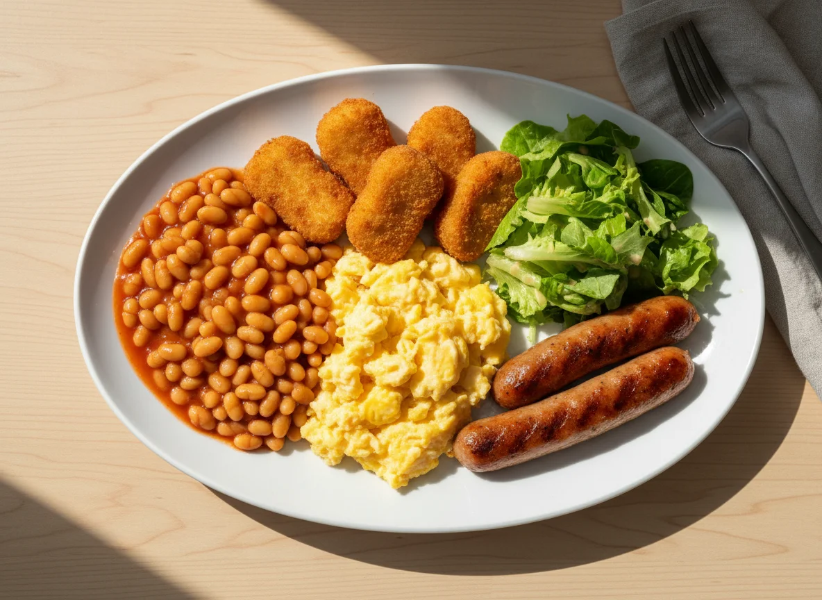 Mixed Plate with Sausage, Nuggets, and Beans photo