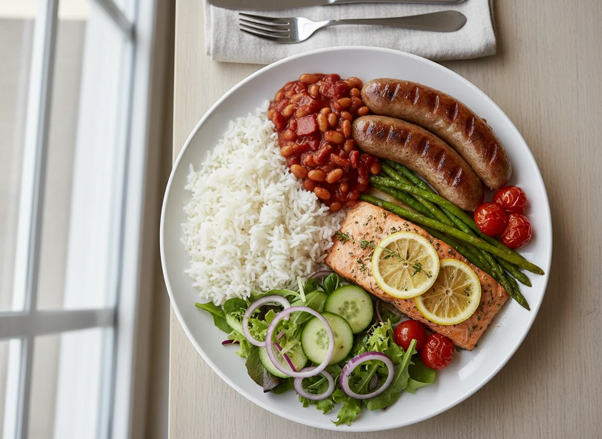 Mixed Plate with Sausage, Salmon, Rice, Beans and Salad photo