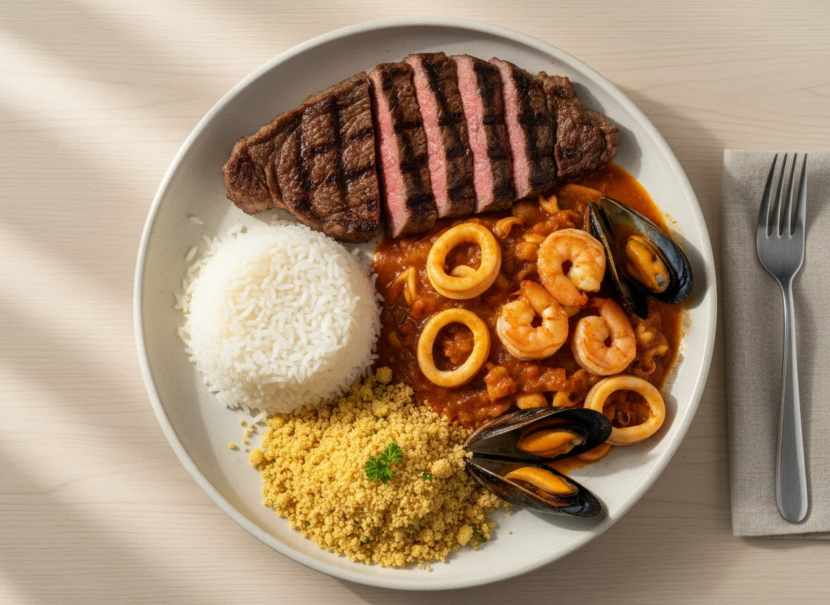 Mixed Plate with Seafood Stew, Rice, Steak, and Farofa photo