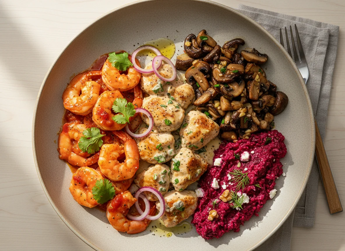 Mixed Plate with Shrimp, Chicken, Mushrooms, and Beetroot Salad photo