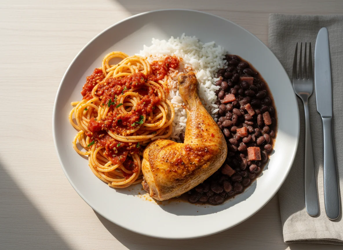 Mixed Plate with Spaghetti, Beans, Rice, Chicken, and Sauce photo