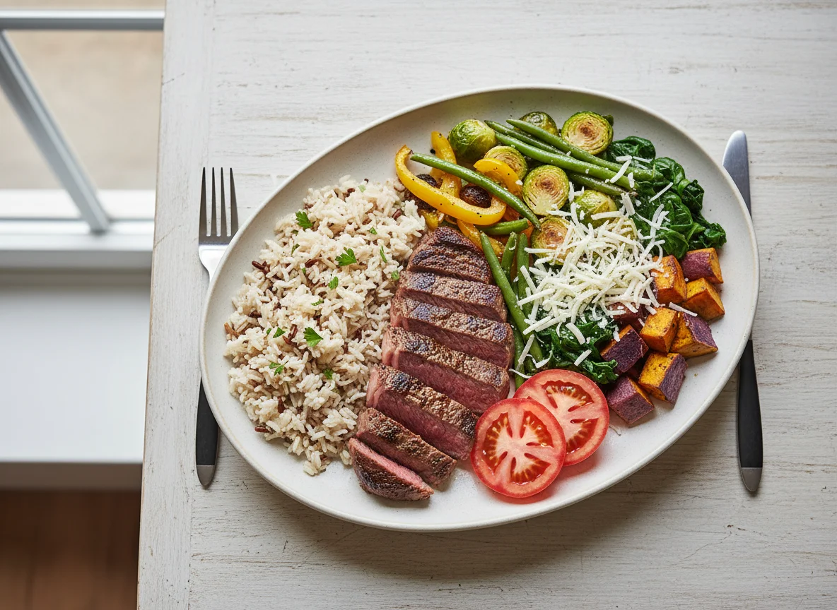 Mixed Plate with Steak, Rice, and Vegetables photo