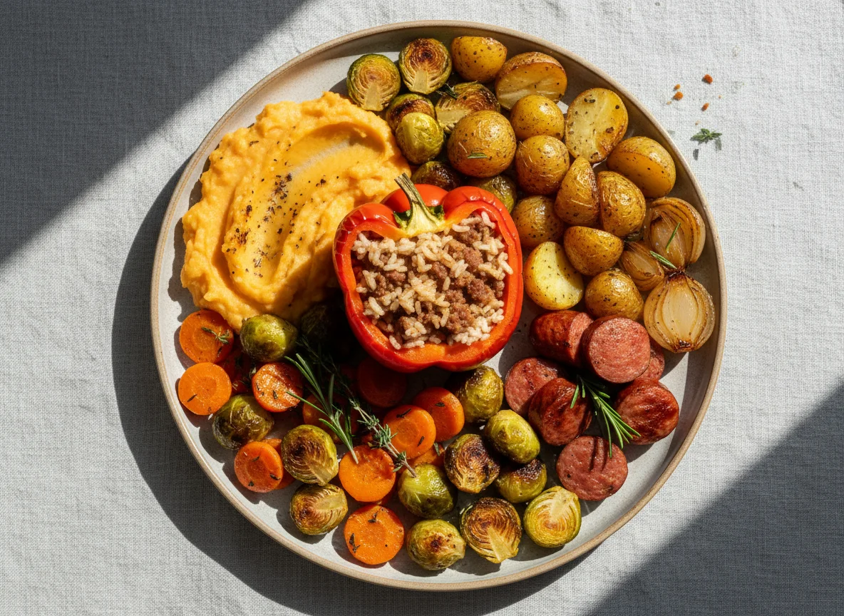 Mixed Plate with Stuffed Pepper and Vegetables photo