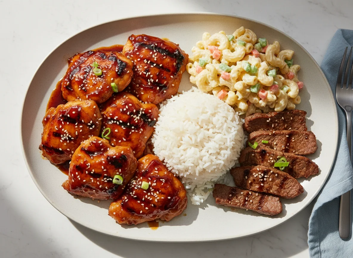 Mixed Plate with Teriyaki Chicken, Beef, Rice, and Macaroni Salad photo