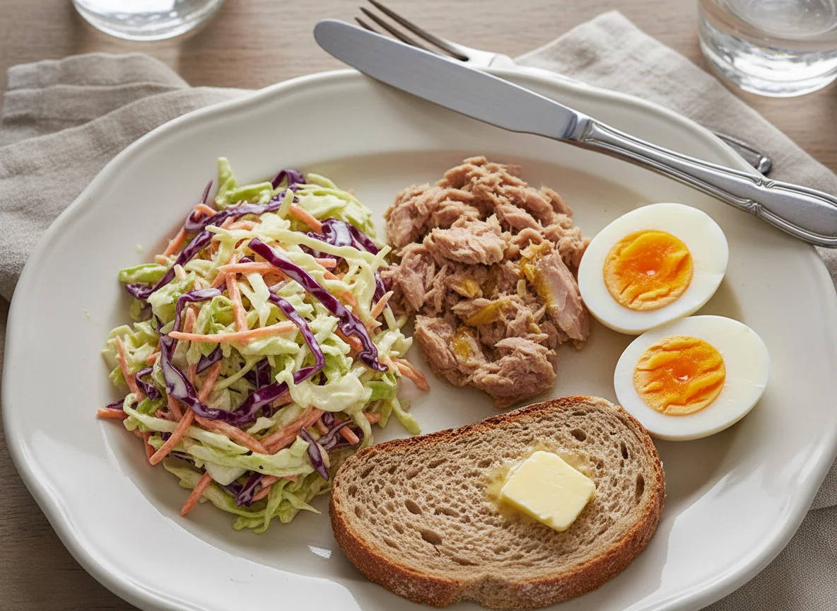 Mixed Plate with Tuna, Eggs, Salad, and Bread photo