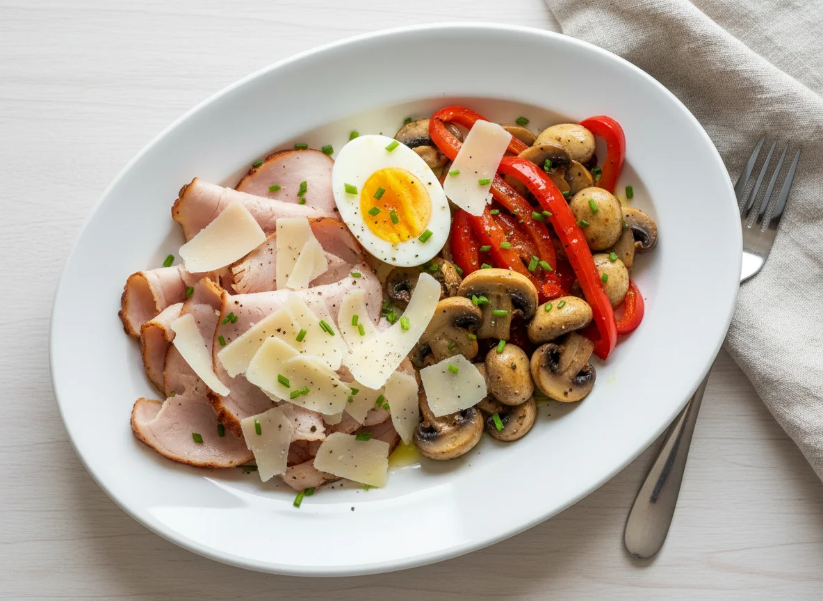 Mixed Plate with Turkey Ham, Eggs, Mushrooms, Bell Pepper, and Parmesan photo