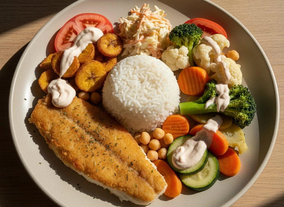 Mixed Plate with Vegetables, Fish, and Salads photo